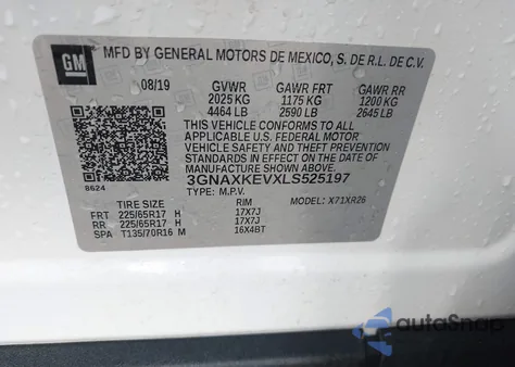 2020 Chevrolet Equinox Fwd Lt 1.5L Turbo из США, поврежденный, VIN 3GNAXKEVXLS525197